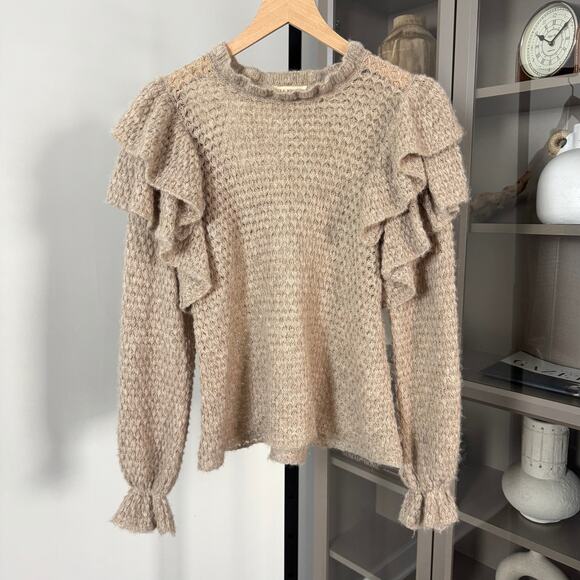 Ulla Johnson Camilla Frill Tan Baby Alpaca Ruffle Shoulder Sweater M Knit Top - Picture 2 of 7